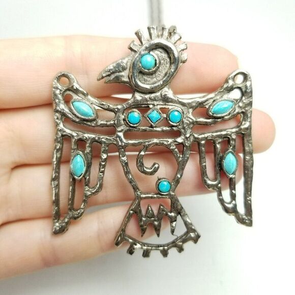 Vintage St Labre Thunderbird Southwestern Brooch Pendant Necklace Silver Tone - Picture 10 of 10